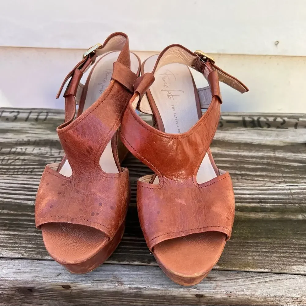 Franco Sarto A-Xenon cognac brown leather wedge sandals 8M